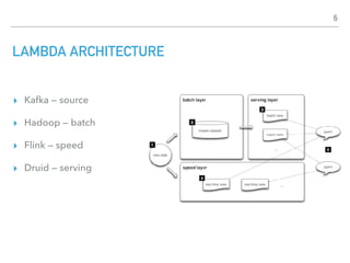 LAMBDA ARCHITECTURE
▸ Kafka — source
▸ Hadoop — batch
▸ Flink — speed
▸ Druid — serving
6
 