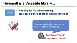 2017/5/16	Apache	BigData	North	America	'17,	Miami
Versatile
Hivemall	is	a	Versatile	library	..
ü Not	only	for	Machine	Learning
ü provides	a	bunch	of	generic	utility	functions
Each	organization	has	own	sets	of	
UDFs	for	data	preprocessing
Don’t	Repeat	Yourself!
Don’t	Repeat	Yourself!
 