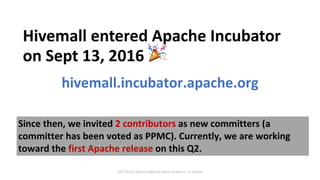 2017/5/16	Apache	BigData	North	America	'17,	Miami
Hivemall	entered	Apache	Incubator	
on	Sept	13,	2016	 🎉
Since	then,	we	invited	2	contributors	as	new	committers	(a	
committer	has	been	voted	as	PPMC). Currently,	we	are	working	
toward	the	first	Apache	release	on	this	Q2.
hivemall.incubator.apache.org
 