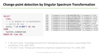 Efficient	algorithm	for	finding	change	point	and	outliers	from	
timeseries data
2017/5/16	Apache	BigData	North	America	'17,	Miami
Anomaly/Change-point	Detection	by	ChangeFinder
J.	Takeuchi	and	K.	Yamanishi,	“A	Unifying	Framework	for	Detecting	Outliers	and	Change	Points	from	Time	Series,” IEEE		transactions	on	
Knowledge	and	Data	Engineering,	pp.482-492,	2006.
 