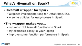 46Copyright©2016 NTT corp. All Rights Reserved.
Whatʼs Spark?
• 1. Unified Engine
• support end-to-end APs, e.g., MLlib and Streaming
• 2. High-level APIs
• easy-to-use, rich optimization
• 3. Integrate broadly
• storages, libraries, ...
 