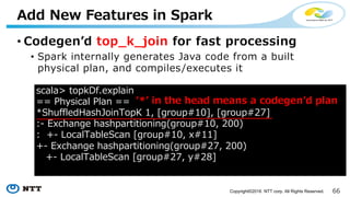 66Copyright©2016 NTT corp. All Rights Reserved.
• Codegenʼd top_k_join for fast processing
• Spark internally generates Java code from a built
physical plan, and compiles/executes it
Add New Features in Spark
Codegen
A Physical Plan
 