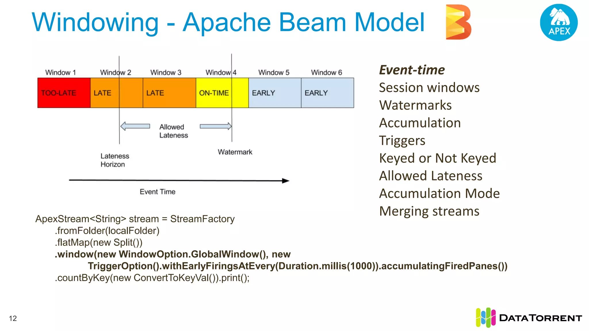 Windowing - Apache Beam Model 12 ApexStream<String> stream = StreamFactory .fromFolder(localFolder) .flatMap(new Split()) .window(new WindowOption.GlobalWindow(), new TriggerOption().withEarlyFiringsAtEvery(Duration.millis(1000)).accumulatingFiredPanes()) .countByKey(new ConvertToKeyVal()).print(); Event-time Session windows Watermarks Accumulation Triggers Keyed or Not Keyed Allowed Lateness Accumulation Mode Merging streams 