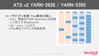 Copyrig ht © 2017 Yahoo Japan Corporation. All Rig hts Reserved.
ATS v2 YARN-2928 / YARN-5355
•ユーザビリティ改善：Flow概念の導入
• Flow : 複数のYARN Applicationを起動
して完了するApplication
• pig / oozie / tezなど
• Flow単位でカウンタ情報取得
 