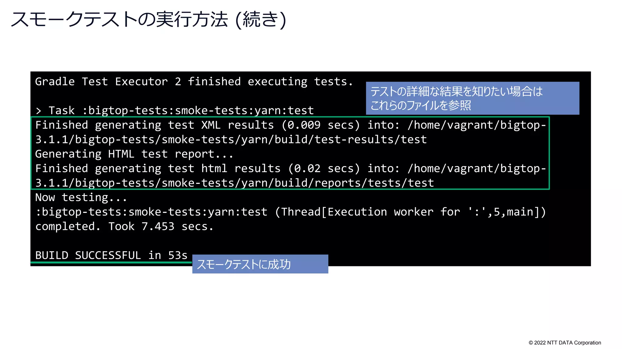 © 2022 NTT DATA Corporation
スモークテストの実行方法 (続き)
Gradle Test Executor 2 finished executing tests.
> Task :bigtop-tests:smoke-tests:yarn:test
Finished generating test XML results (0.009 secs) into: /home/vagrant/bigtop-
3.1.1/bigtop-tests/smoke-tests/yarn/build/test-results/test
Generating HTML test report...
Finished generating test html results (0.02 secs) into: /home/vagrant/bigtop-
3.1.1/bigtop-tests/smoke-tests/yarn/build/reports/tests/test
Now testing...
:bigtop-tests:smoke-tests:yarn:test (Thread[Execution worker for ':',5,main])
completed. Took 7.453 secs.
BUILD SUCCESSFUL in 53s
スモークテストに成功
テストの詳細な結果を知りたい場合は
これらのファイルを参照
 