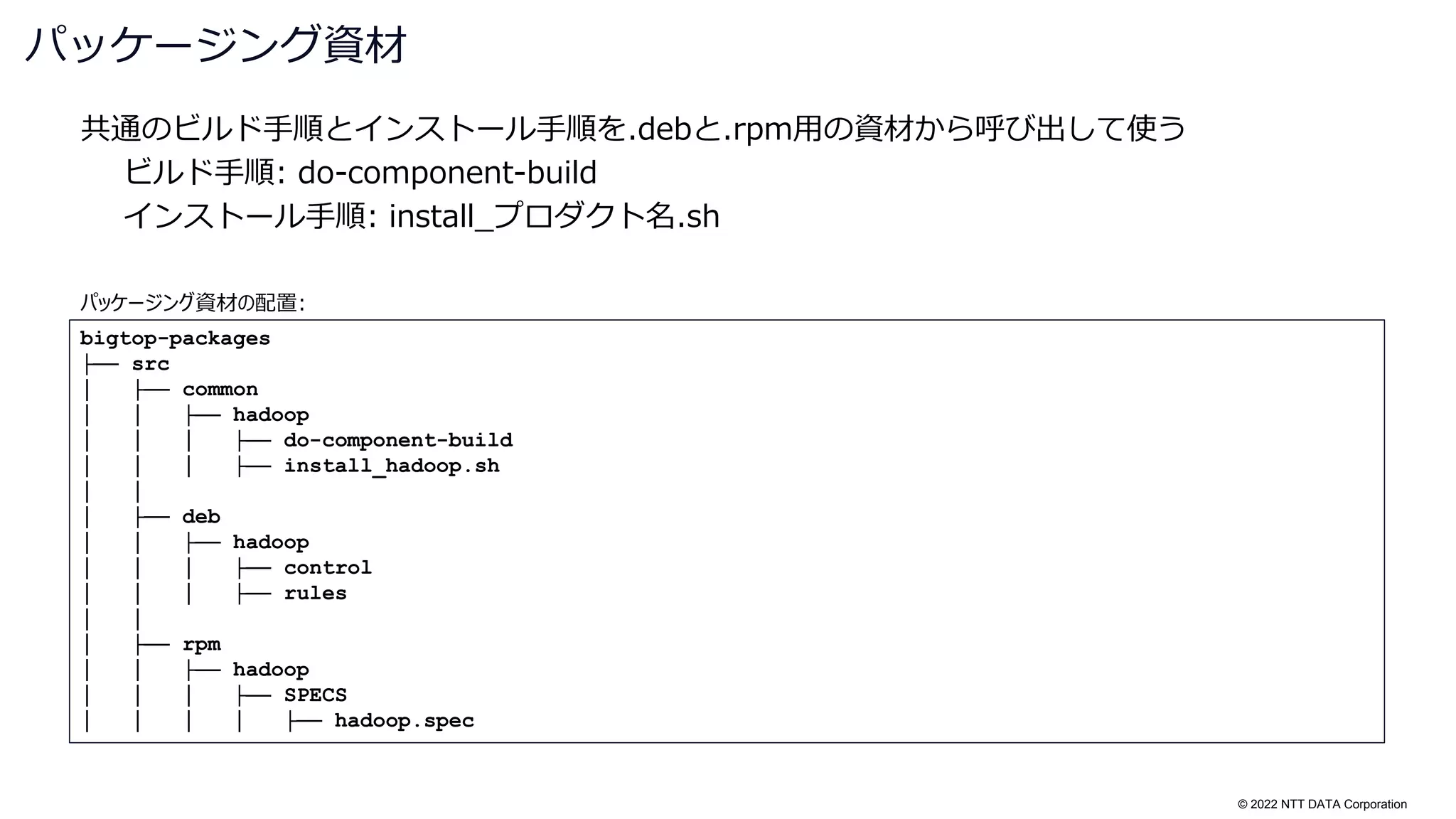 © 2022 NTT DATA Corporation
共通のビルド手順とインストール手順を.debと.rpm用の資材から呼び出して使う
ビルド手順: do-component-build
インストール手順: install_プロダクト名.sh
パッケージング資材
bigtop-packages
├── src
│ ├── common
│ │ ├── hadoop
│ │ │ ├── do-component-build
│ │ │ ├── install_hadoop.sh
│ │
│ ├── deb
│ │ ├── hadoop
│ │ │ ├── control
│ │ │ ├── rules
│ │
│ ├── rpm
│ │ ├── hadoop
│ │ │ ├── SPECS
│ │ │ │ ├── hadoop.spec
パッケージング資材の配置:
 
