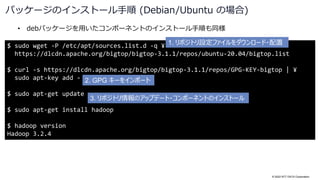 © 2022 NTT DATA Corporation
$ sudo wget -P /etc/apt/sources.list.d -q ¥
https://dlcdn.apache.org/bigtop/bigtop-3.1.1/repos/ubuntu-20.04/bigtop.list
$ curl -s https://dlcdn.apache.org/bigtop/bigtop-3.1.1/repos/GPG-KEY-bigtop | ¥
sudo apt-key add -
$ sudo apt-get update
$ sudo apt-get install hadoop
$ hadoop version
Hadoop 3.2.4
• debパッケージを用いたコンポーネントのインストール手順も同様
パッケージのインストール手順 (Debian/Ubuntu の場合)
1. リポジトリ設定ファイルをダウンロード・配置
2. GPG キーをインポート
3. リポジトリ情報のアップデート・コンポーネントのインストール
 
