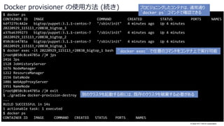 © 2022 NTT DATA Corporation
Docker provisioner の使用方法 (続き)
$ docker ps
CONTAINER ID IMAGE COMMAND CREATED STATUS PORTS NAMES
6df7279c442e bigtop/puppet:3.1.1-centos-7 "/sbin/init" 4 minutes ago Up 4 minutes
20220929_115113_r20838_bigtop_3
a37ba6399273 bigtop/puppet:3.1.1-centos-7 "/sbin/init" 4 minutes ago Up 4 minutes
20220929_115113_r20838_bigtop_2
850c8ce4785a bigtop/puppet:3.1.1-centos-7 "/sbin/init" 4 minutes ago Up 4 minutes
20220929_115113_r20838_bigtop_1
$ docker exec -it 20220929_115113_r20838_bigtop_1 bash
[root@850c8ce4785a /]# jps
2416 Jps
1528 JobHistoryServer
1676 NodeManager
1212 ResourceManager
2156 DataNode
1086 WebAppProxyServer
1951 NameNode
[root@850c8ce4785a /]# exit
$ ./gradlew docker-provision-destroy
...
BUILD SUCCESSFUL in 14s
1 actionable task: 1 executed
$ docker ps
CONTAINER ID IMAGE COMMAND CREATED STATUS PORTS NAMES
`docker exec` で任意のコマンドをコンテナ上で実行可能
プロビジョニングしたコンテナは、通常通り
`docker ps` コマンドで確認できる
別のクラスタを起動する前には、既存のクラスタを破棄する必要がある
 