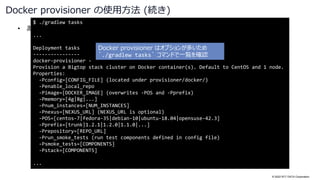 © 2022 NTT DATA Corporation
• あ
Docker provisioner の使用方法 (続き)
$ ./gradlew tasks
...
Deployment tasks
----------------
docker-provisioner -
Provision a Bigtop stack cluster on Docker container(s). Default to CentOS and 1 node.
Properties:
-Pconfig=[CONFIG_FILE] (located under provisioner/docker/)
-Penable_local_repo
-Pimage=[DOCKER_IMAGE] (overwrites -POS and -Pprefix)
-Pmemory=[4g|8g|...]
-Pnum_instances=[NUM_INSTANCES]
-Pnexus=[NEXUS_URL] (NEXUS_URL is optional)
-POS=[centos-7|fedora-35|debian-10|ubuntu-18.04|opensuse-42.3]
-Pprefix=[trunk|1.2.1|1.2.0|1.1.0|...]
-Prepository=[REPO_URL]
-Prun_smoke_tests (run test components defined in config file)
-Psmoke_tests=[COMPONENTS]
-Pstack=[COMPONENTS]
...
Docker provisioner はオプションが多いため
`./gradlew tasks` コマンドで一覧を確認
 