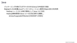 © 2022 NTT DATA Corporation
パッケージング対象プロダクトの大半はJava/JVM言語で実装
Bigtop(3.2)は各種Linuxディストリビューション提供のOpenJDK 8を利用
Hadoop >= 3.3.0 は実行環境としてJava 11に対応
Hadoop開発環境のJava 11への(完全)移行は難航...
Jerseyのupgradeがblocker(HADOOP-15984)
Java
 