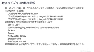 © 2022 NTT DATA Corporation
同一パッケージ名、同一クラス名のライブラリを複数バージョン混在させることは不可能
ダメなパターンの例:
プロダクトXがプロダクトYに依存
プロダクトXがhoge-1.0に依存し、hoge-1.5に無いAPIを利用
プロダクトYがhoge-1.5に依存し、hoge-1.0に無いAPIを利用
汎用的なライブラリは特にプロダクト間で競合しがち
SLF4J, Log4j
commons-logging, commons-cli, commons-httpclient
Jackson
Guava
Netty, Jetty, Jersey
protobuf-java
ZooKeeper, Curator
脆弱性対応のために依存ライブラリをアップグレードすると、非互換な変更が入ることも
Javaライブラリの依存関係
 