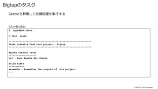 © 2022 NTT DATA Corporation
Gradleを利用して各種処理を実行する
Bigtopのタスク
$ ./gradlew tasks
> Task :tasks
------------------------------------------------------------
Tasks runnable from root project - Bigtop
------------------------------------------------------------
Apache Creadur tasks
--------------------
rat - Runs Apache Rat checks
Build tasks
-----------
assemble - Assembles the outputs of this project.
...
タスク一覧の表示:
 