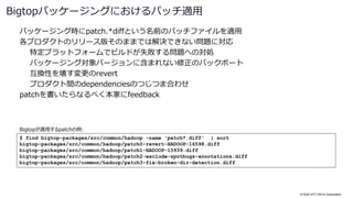 © 2022 NTT DATA Corporation
パッケージング時にpatch.*diffという名前のパッチファイルを適用
各プロダクトのリリース版そのままでは解決できない問題に対応
特定プラットフォームでビルドが失敗する問題への対処
パッケージング対象バージョンに含まれない修正のバックポート
互換性を壊す変更のrevert
プロダクト間のdependenciesのつじつま合わせ
patchを書いたらなるべく本家にfeedback
Bigtopパッケージングにおけるパッチ適用
$ find bigtop-packages/src/common/hadoop -name 'patch*.diff' | sort
bigtop-packages/src/common/hadoop/patch0-revert-HADOOP-16598.diff
bigtop-packages/src/common/hadoop/patch1-HADOOP-15939.diff
bigtop-packages/src/common/hadoop/patch2-exclude-spotbugs-annotations.diff
bigtop-packages/src/common/hadoop/patch3-fix-broken-dir-detection.diff
Bigtopが適用するpatchの例:
 
