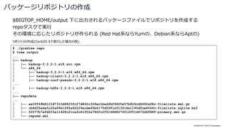 © 2022 NTT DATA Corporation
$BIGTOP_HOME/output 下に出力されるパッケージファイルでリポジトリを作成する
repoタスクで実行
その環境に応じたリポジトリが作られる (Red Hat系ならYumの、Debian系ならAptの)
パッケージリポジトリの作成
$ ./gradlew repo
$ tree output
...
├── hadoop
│ ├── hadoop-3.2.2-1.el8.src.rpm
│ └── x86_64
│ ├── hadoop-3.2.2-1.el8.x86_64.rpm
│ ├── hadoop-client-3.2.2-1.el8.x86_64.rpm
│ ├── hadoop-conf-pseudo-3.2.2-1.el8.x86_64.rpm
...
│ ├── hadoop-hdfs-3.2.2-1.el8.x86_64.rpm
...
├── repodata
...
│ ├── aa0ff69b812187315d6825fcf7d862c326ac1ba42bf9625e57b826cd6462a68c-filelists.xml.gz
│ ├── cb8d35ada5c22a89e1f65a62229acde45b4175d5281a513fc6e1190d0ce4544c-filelists.sqlite.bz2
│ ├── f2077b7afd203a11428c21ca3c41f02a786fc2f514888274f12f514673d4f88f-primary.xml.gz
│ └── repomd.xml
リポジトリの作成(CentOS 8で実行した場合の例):
 