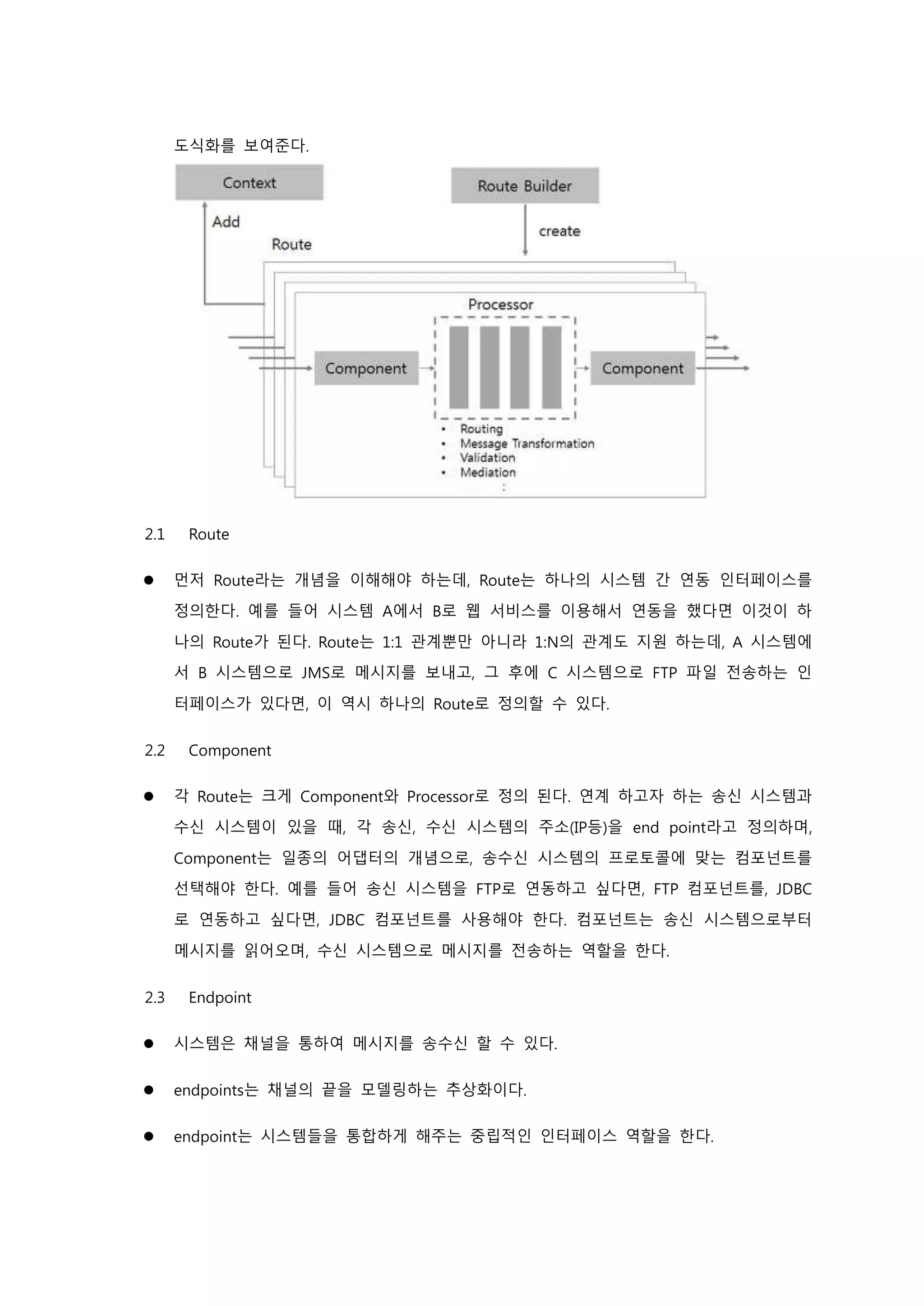 도식화를 보여준다.
2.1 Route
 먼저 Route라는 개념을 이해해야 하는데, Route는 하나의 시스템 간 연동 인터페이스를
정의한다. 예를 들어 시스템 A에서 B로 웹 서비스를 이용해서 연동을 했다면 이것이 하
나의 Route가 된다. Route는 1:1 관계뿐만 아니라 1:N의 관계도 지원 하는데, A 시스템에
서 B 시스템으로 JMS로 메시지를 보내고, 그 후에 C 시스템으로 FTP 파일 전송하는 인
터페이스가 있다면, 이 역시 하나의 Route로 정의할 수 있다.
2.2 Component
 각 Route는 크게 Component와 Processor로 정의 된다. 연계 하고자 하는 송신 시스템과
수신 시스템이 있을 때, 각 송신, 수신 시스템의 주소(IP등)을 end point라고 정의하며,
Component는 일종의 어댑터의 개념으로, 송수신 시스템의 프로토콜에 맞는 컴포넌트를
선택해야 한다. 예를 들어 송신 시스템을 FTP로 연동하고 싶다면, FTP 컴포넌트를, JDBC
로 연동하고 싶다면, JDBC 컴포넌트를 사용해야 한다. 컴포넌트는 송신 시스템으로부터
메시지를 읽어오며, 수신 시스템으로 메시지를 전송하는 역할을 한다.
2.3 Endpoint
 시스템은 채널을 통하여 메시지를 송수신 할 수 있다.
 endpoints는 채널의 끝을 모델링하는 추상화이다.
 endpoint는 시스템들을 통합하게 해주는 중립적인 인터페이스 역할을 한다.
 