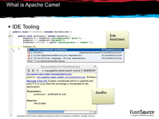 What is Apache Camel



 IDE Tooling
                                                                                                                          Code
                                                                                                                          Assistance




                                                                                                                JavaDoc




 25   Copyright © 2011 Progress So*ware Corpora9on and/or its subsidiaries or aﬃliates. All rights reserved.                           A Progress So*ware Company
 