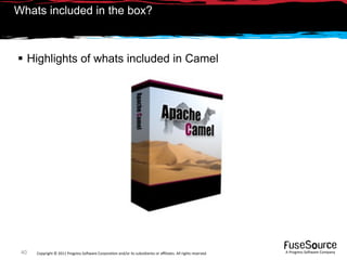 Whats included in the box?



 Highlights of whats included in Camel




 40   Copyright © 2011 Progress So*ware Corpora9on and/or its subsidiaries or aﬃliates. All rights reserved.    A Progress So*ware Company
 