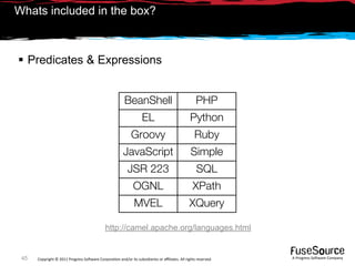 Whats included in the box?



 Predicates & Expressions


                                                        BeanShell                                  PHP
                                                                   EL                          Python
                                                            Groovy                                Ruby
                                                        JavaScript                             Simple
                                                          JSR 223                                  SQL
                                                              OGNL                               XPath
                                                              MVEL                             XQuery

                                             http://camel.apache.org/languages.html


 45   Copyright © 2011 Progress So*ware Corpora9on and/or its subsidiaries or aﬃliates. All rights reserved.    A Progress So*ware Company
 