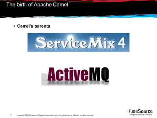 The birth of Apache Camel



     • Camel’s parents




 5    Copyright © 2011 Progress So*ware Corpora9on and/or its subsidiaries or aﬃliates. All rights reserved.    A Progress So*ware Company
 
