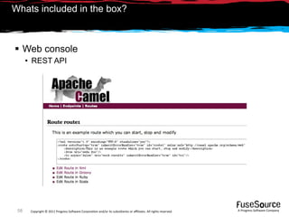 Whats included in the box?



 Web console
      • REST API




 58    Copyright © 2011 Progress So*ware Corpora9on and/or its subsidiaries or aﬃliates. All rights reserved.    A Progress So*ware Company
 