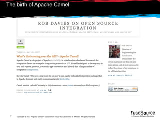 The birth of Apache Camel




 7   Copyright © 2011 Progress So*ware Corpora9on and/or its subsidiaries or aﬃliates. All rights reserved.    A Progress So*ware Company
 