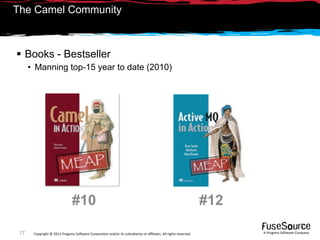 The Camel Community



 Books - Bestseller
      • Manning top-15 year to date (2010)




                               #10                                                                               #12

 77    Copyright © 2011 Progress So*ware Corpora9on and/or its subsidiaries or aﬃliates. All rights reserved.          A Progress So*ware Company
 