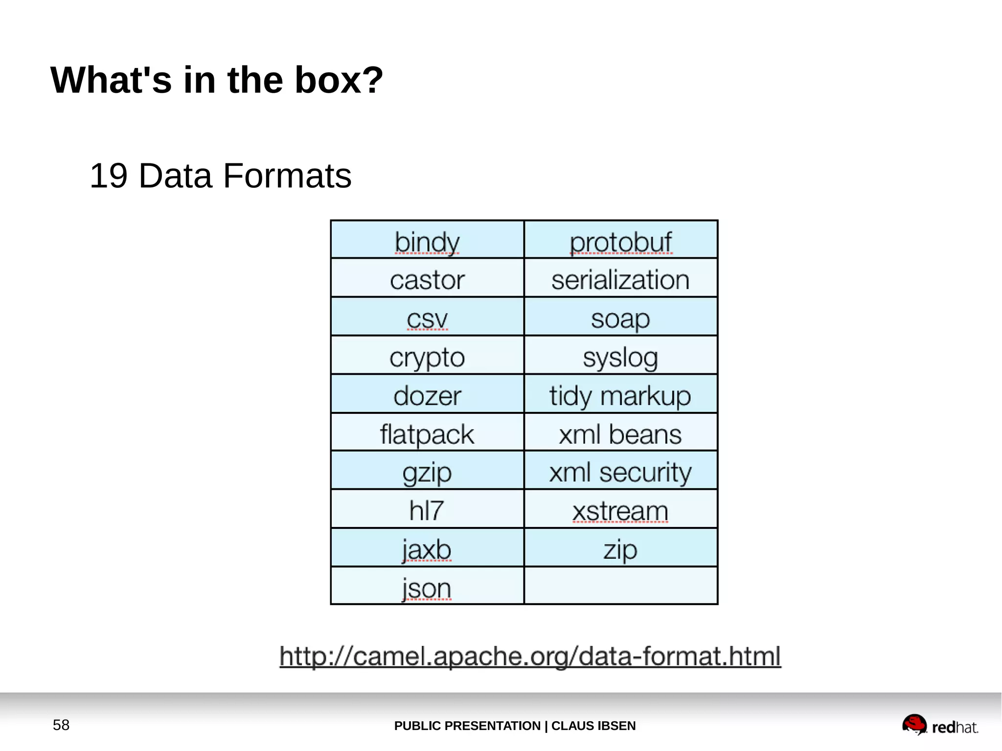 PUBLIC PRESENTATION | CLAUS IBSEN58
What's in the box?
19 Data Formats
 
