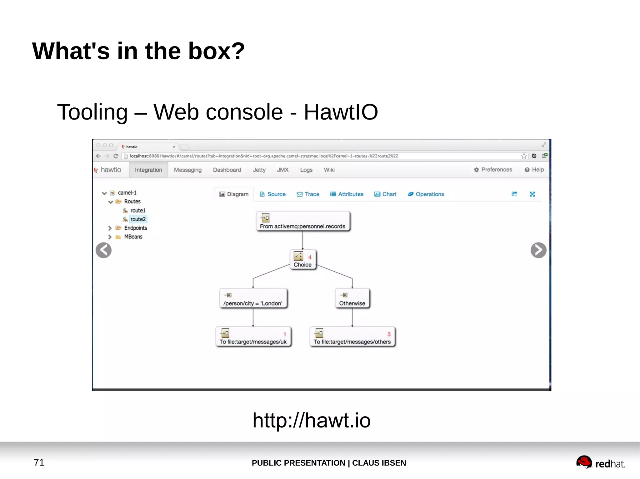 PUBLIC PRESENTATION | CLAUS IBSEN71
What's in the box?
Tooling – Web console - HawtIO
http://hawt.io
 
