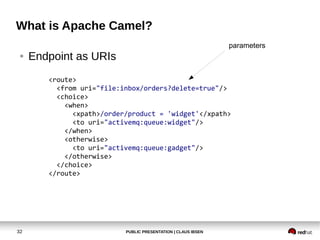 PUBLIC PRESENTATION | CLAUS IBSEN32
What is Apache Camel?
● Endpoint as URIs
<route>
<from uri="file:inbox/orders?delete=true"/>
<choice>
<when>
<xpath>/order/product = 'widget'</xpath>
<to uri="activemq:queue:widget"/>
</when>
<otherwise>
<to uri="activemq:queue:gadget"/>
</otherwise>
</choice>
</route>
parameters
 