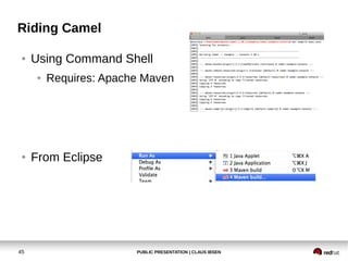 PUBLIC PRESENTATION | CLAUS IBSEN45
Riding Camel
● Using Command Shell
● Requires: Apache Maven
● From Eclipse
 