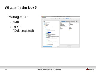 PUBLIC PRESENTATION | CLAUS IBSEN70
What's in the box?
Management
● JMX
● REST
(@deprecated)
 