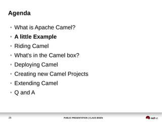 Agenda

 ●   What is Apache Camel?
 ●   A little Example
 ●   Riding Camel
 ●   What's in the Camel box?
 ●   Deploying Camel
 ●   Creating new Camel Projects
 ●   Extending Camel
 ●   Q and A



28                      PUBLIC PRESENTATION | CLAUS IBSEN
 