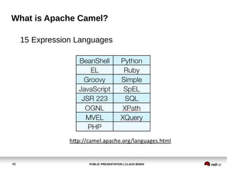 What is Apache Camel?

     15 Expression Languages




46                    PUBLIC PRESENTATION | CLAUS IBSEN
 