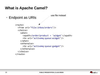 PUBLIC PRESENTATION | CLAUS IBSEN33
What is Apache Camel?
● Endpoint as URIs
<route>
<from uri="file:inbox/orders"/>
<choice>
<when>
<xpath>/order/product = 'widget'</xpath>
<to uri="activemq:queue:widget"/>
</when>
<otherwise>
<to uri="activemq:queue:gadget"/>
</otherwise>
</choice>
</route>
use file instead
 