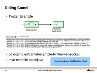 PUBLIC PRESENTATION | CLAUS IBSEN55
Riding Camel
● Twitter Example
● cd examples/camel-example-twitter-websocket
● mvn compile exec:java http://localhost:9090/index.html
 