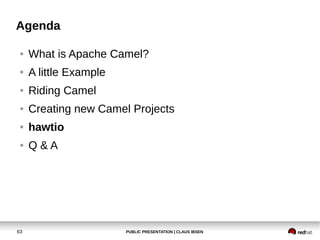 PUBLIC PRESENTATION | CLAUS IBSEN63
Agenda
● What is Apache Camel?
● A little Example
● Riding Camel
● Creating new Camel Projects
● hawtio
● Q & A
 