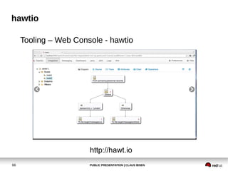 PUBLIC PRESENTATION | CLAUS IBSEN66
hawtio
Tooling – Web Console - hawtio
http://hawt.io
 