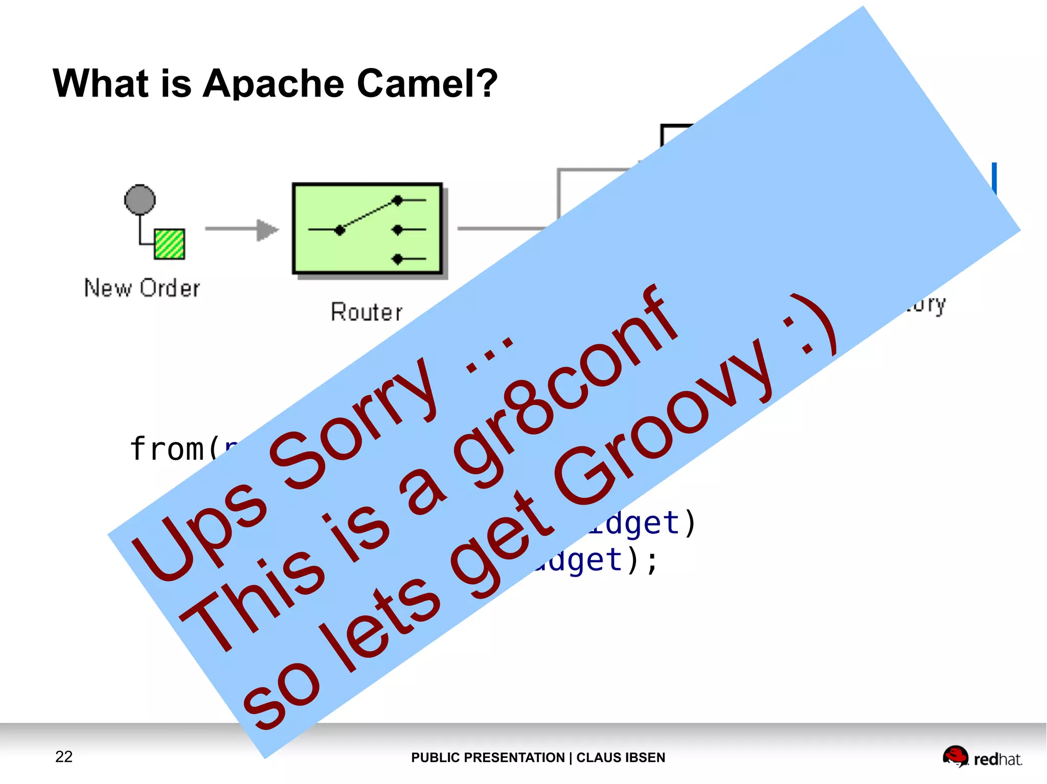 PUBLIC PRESENTATION | CLAUS IBSEN22 What is Apache Camel? from(newOrder) .choice() .when(isWidget).to(widget) .otherwise().to(gadget); Ups Sorry ... This is a gr8conf so lets get Groovy :) 