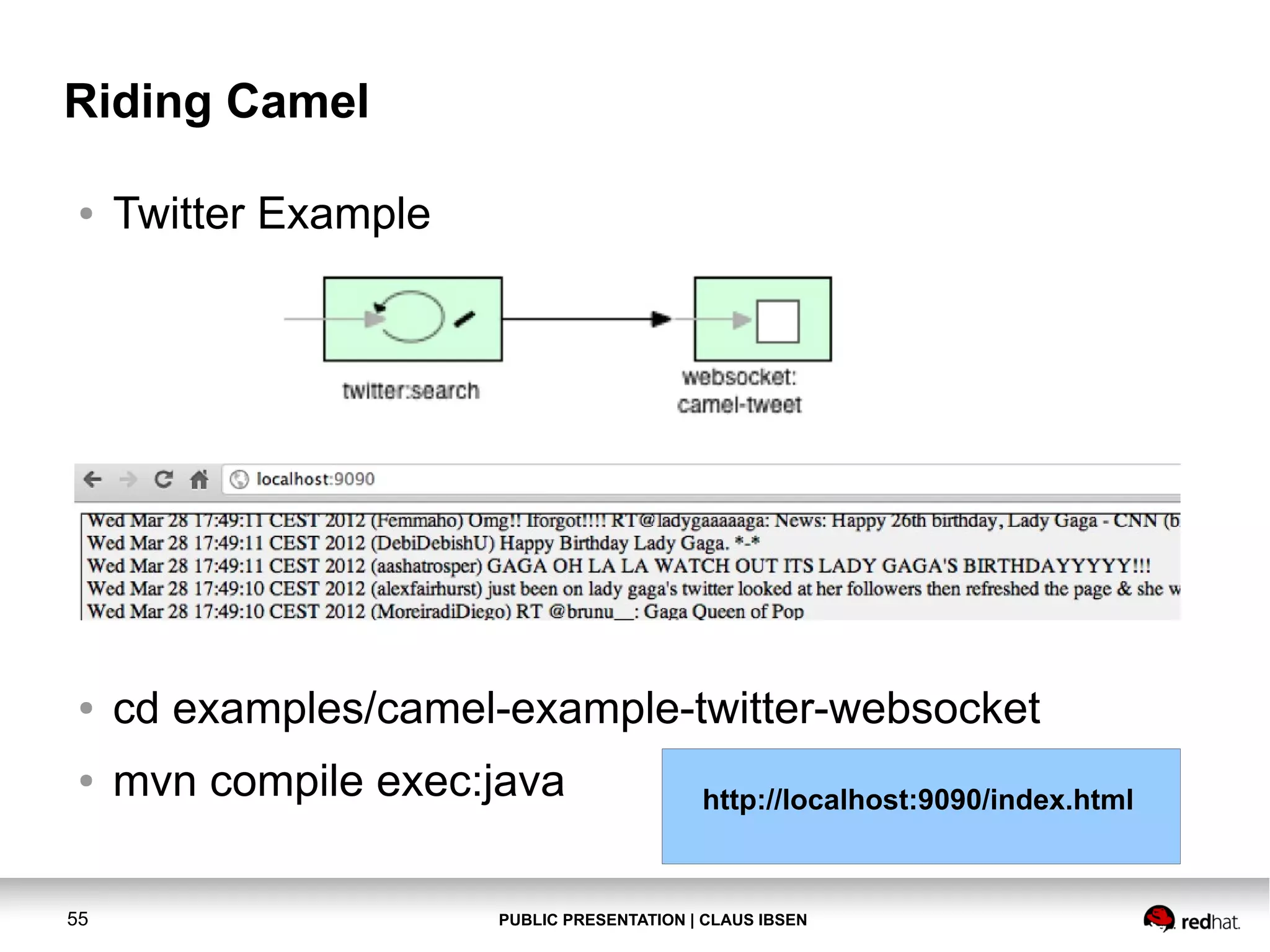 PUBLIC PRESENTATION | CLAUS IBSEN55 Riding Camel ● Twitter Example ● cd examples/camel-example-twitter-websocket ● mvn compile exec:java http://localhost:9090/index.html 