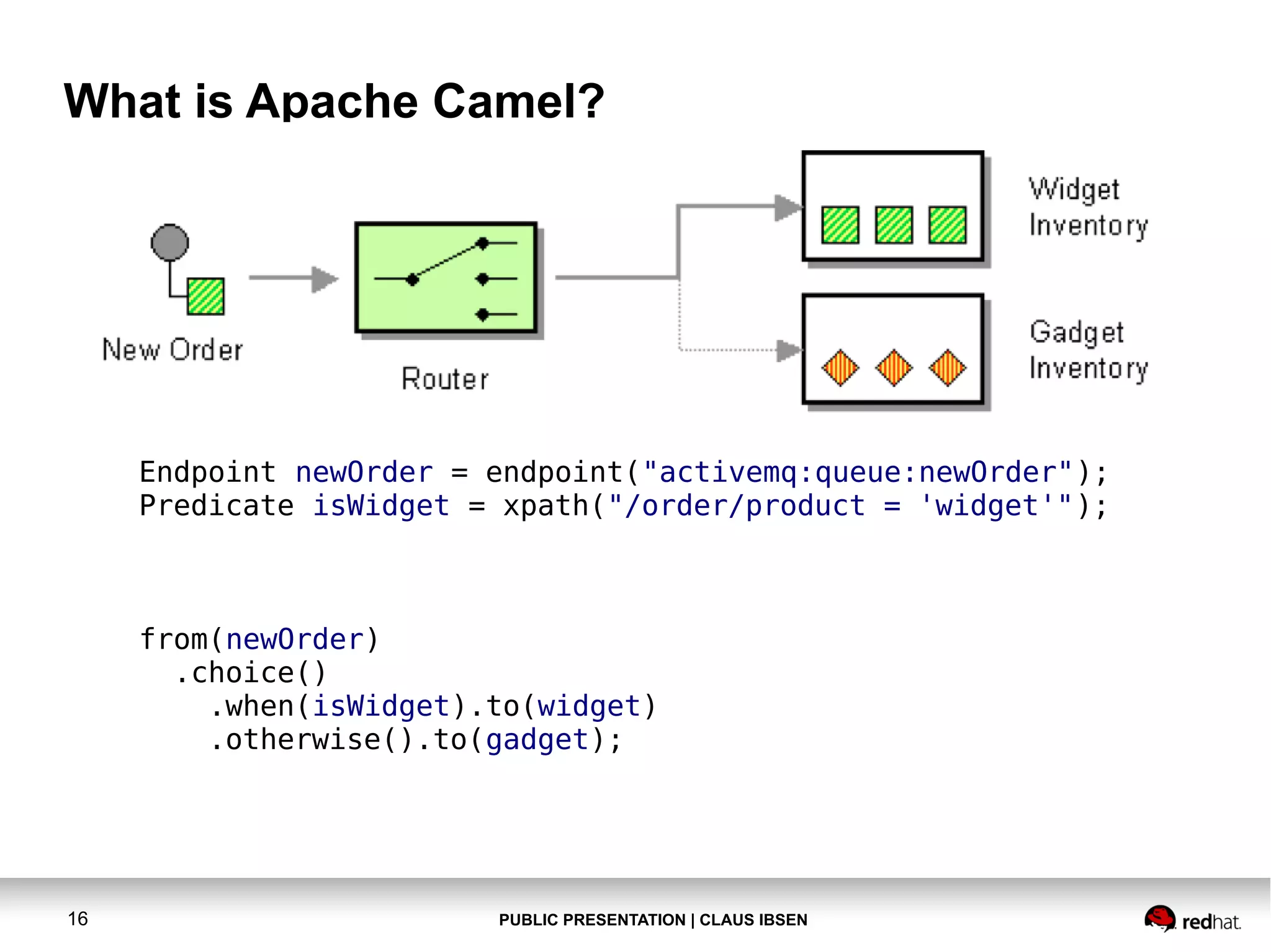 What is Apache Camel?

Endpoint newOrder = endpoint("activemq:queue:newOrder");
Predicate isWidget = xpath("/order/product = 'widget'");

from(newOrder)
.choice()
.when(isWidget).to(widget)
.otherwise().to(gadget);

16

PUBLIC PRESENTATION | CLAUS IBSEN

 