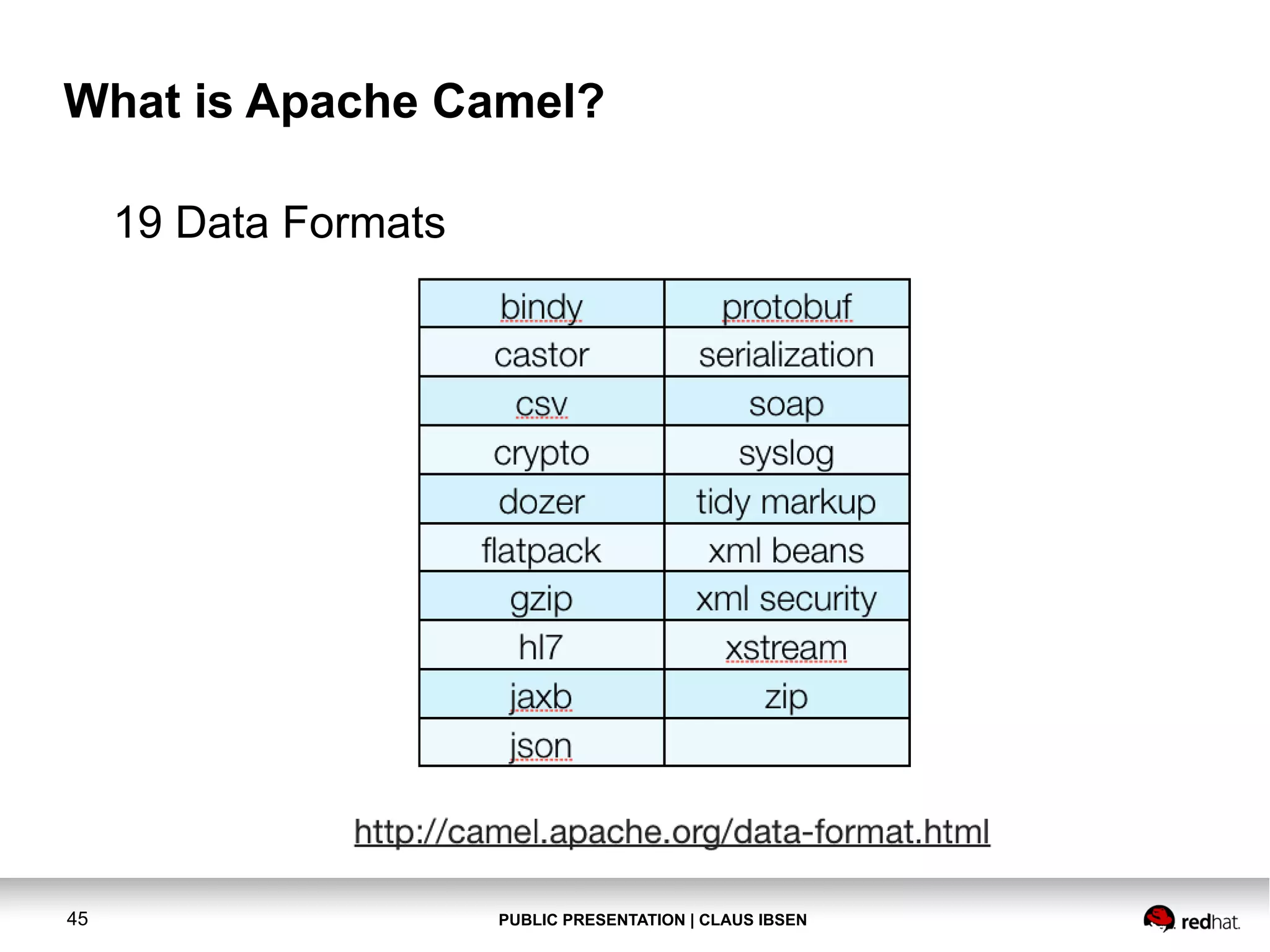 What is Apache Camel?
19 Data Formats

45

PUBLIC PRESENTATION | CLAUS IBSEN

 