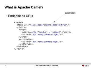What is Apache Camel?
parameters
●

Endpoint as URIs
<route>
<from uri="file:inbox/orders?delete=true"/>
<choice>
<when>
<xpath>/order/product = 'widget'</xpath>
<to uri="activemq:queue:widget"/>
</when>
<otherwise>
<to uri="activemq:queue:gadget"/>
</otherwise>
</choice>
</route>

23

PUBLIC PRESENTATION | CLAUS IBSEN

 