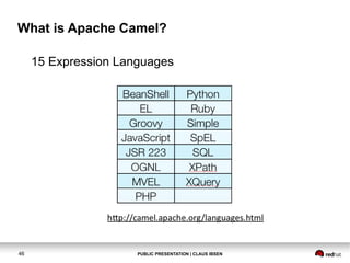 What is Apache Camel?
15 Expression Languages

46

PUBLIC PRESENTATION | CLAUS IBSEN

 