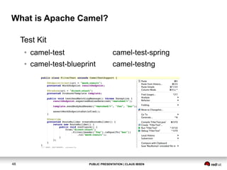 What is Apache Camel?
Test Kit
●

camel-test-spring

●

48

camel-test
camel-test-blueprint

camel-testng

PUBLIC PRESENTATION | CLAUS IBSEN

 