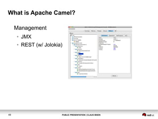 What is Apache Camel?
Management
●
●

49

JMX
REST (w/ Jolokia)

PUBLIC PRESENTATION | CLAUS IBSEN

 