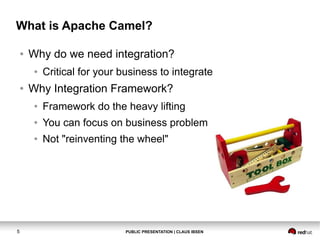 What is Apache Camel?
●

Why do we need integration?
●

●

Critical for your business to integrate

Why Integration Framework?
●
●

You can focus on business problem

●

5

Framework do the heavy lifting
Not "reinventing the wheel"

PUBLIC PRESENTATION | CLAUS IBSEN

 