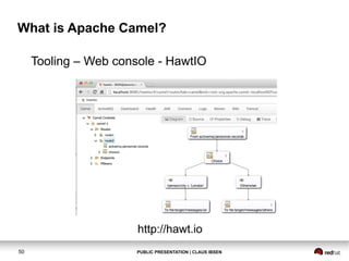 What is Apache Camel?
Tooling – Web console - HawtIO

http://hawt.io
50

PUBLIC PRESENTATION | CLAUS IBSEN

 