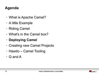 Agenda
●

What is Apache Camel?

●

A little Example

●

Riding Camel

●

What's in the Camel box?

●

Deploying Camel

●

Creating new Camel Projects

●

Hawtio – Camel Tooling

●

Q and A

55

PUBLIC PRESENTATION | CLAUS IBSEN

 