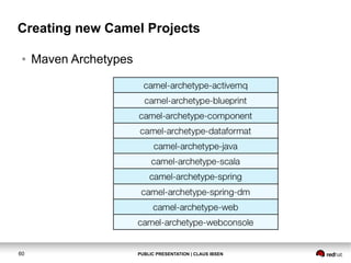 Creating new Camel Projects
●

60

Maven Archetypes

PUBLIC PRESENTATION | CLAUS IBSEN

 