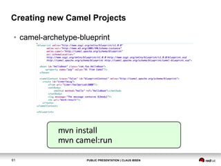 Creating new Camel Projects
●

61

camel-archetype-blueprint

PUBLIC PRESENTATION | CLAUS IBSEN

 